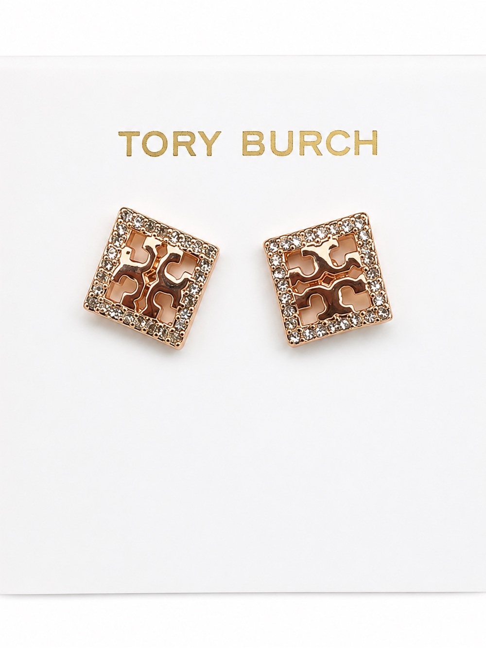 Tory Burch Rose Gold Logo Crystal Square Stud Earrings